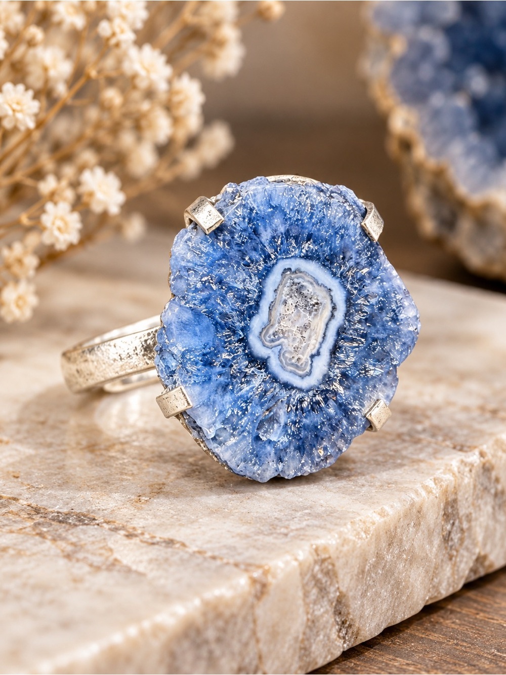 Sterling Silver Blue Solar Quartz Druzy Statement Ring Boho Artisan Size 7